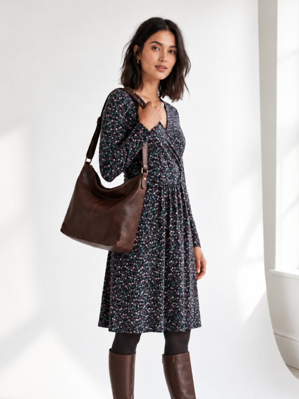 Boden Floral Jersey Wrap Dress Midi Knee Long Sleeve Pockets Size 10
